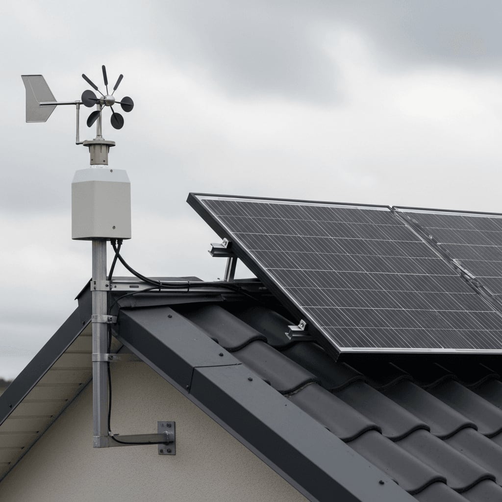 Windlasten beim Balkonkraftwerk anbringen: Ein metallischer Windmesser neben einem sicher montierten Solarmodul.