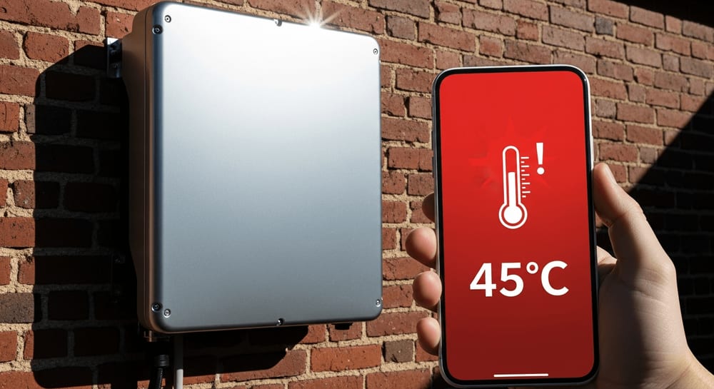 EcoFlow PowerStream überhitzt: Wechselrichter in praller Sonne mit Smartphone-Warnung zur Leistungsoptimierung.