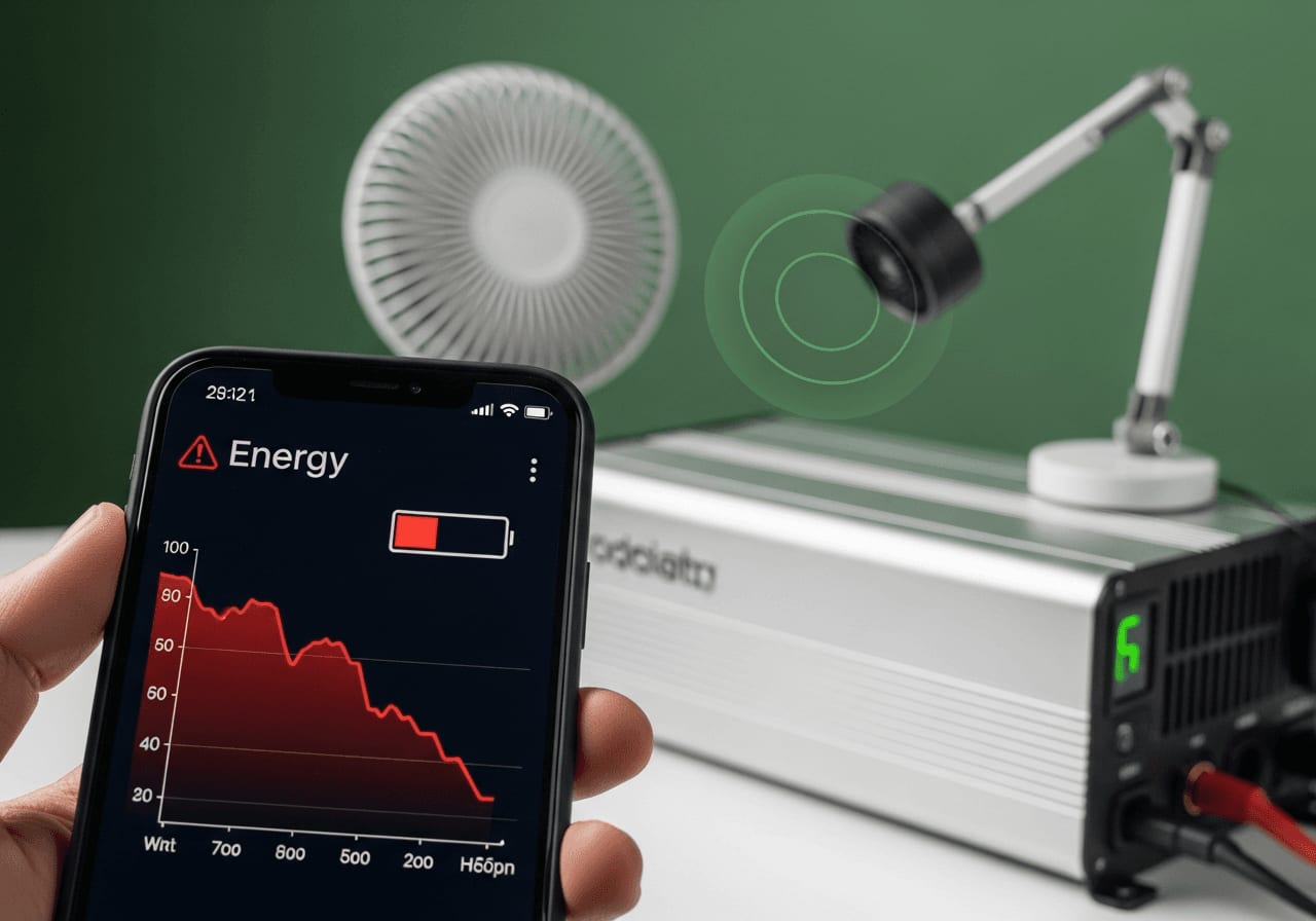 Smartphone-App zeigt Leistungseinbruch beim Wechselrichter, während ein externer Ventilator wirkungslos kühlt.