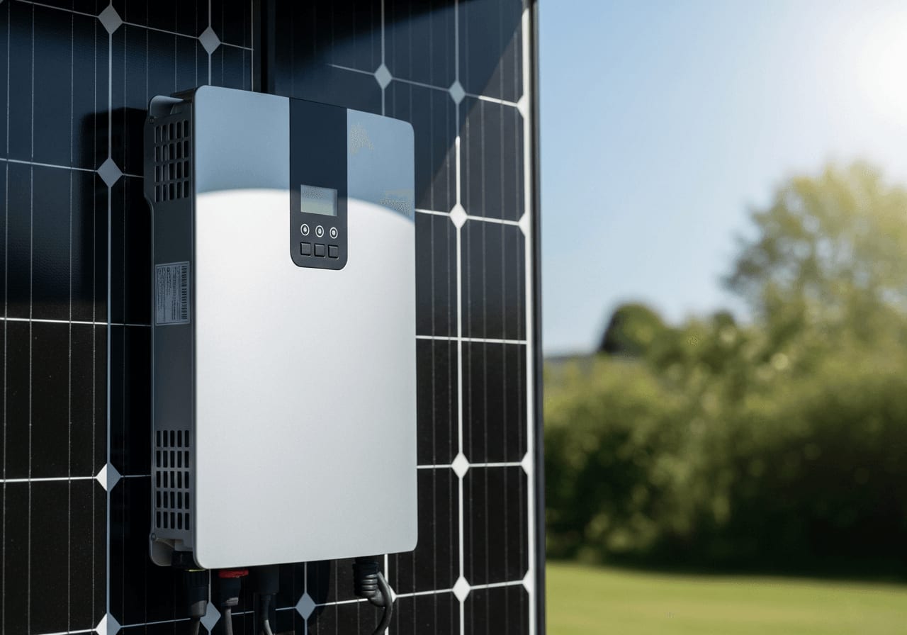 Wechselrichter im kühlen Schatten hinter einem dunklen Solarmodul montiert zur Vermeidung von Überhitzung.