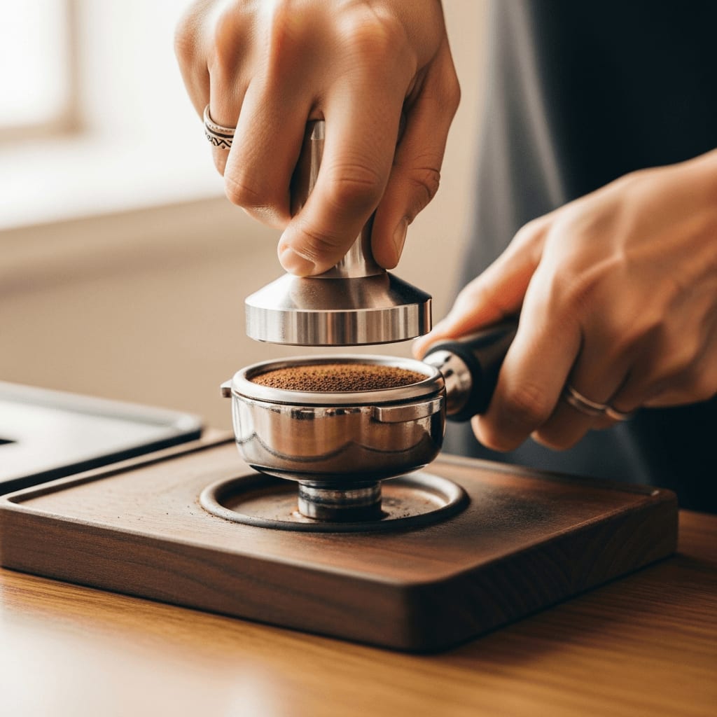 Gleichmäßiges Tampen des Kaffeemehls im Siebträger durch einen Barista als Vorbereitung für die 9-Bar-Espresso-Extraktion.
