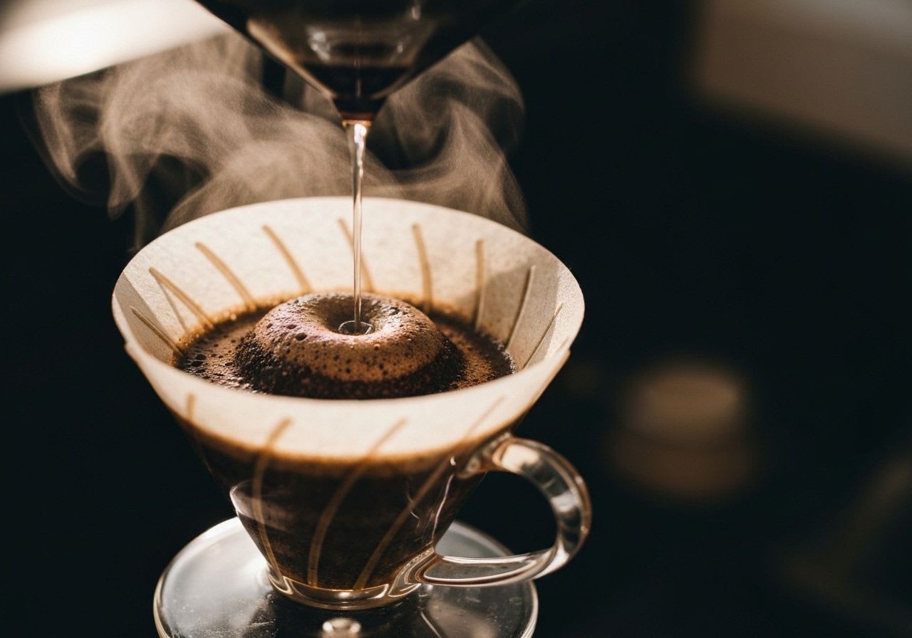 Makroaufnahme von Wasser, das langsam durch einen V60-Kaffeefilter tropft, zeigt die Extraktion von Koffein.
