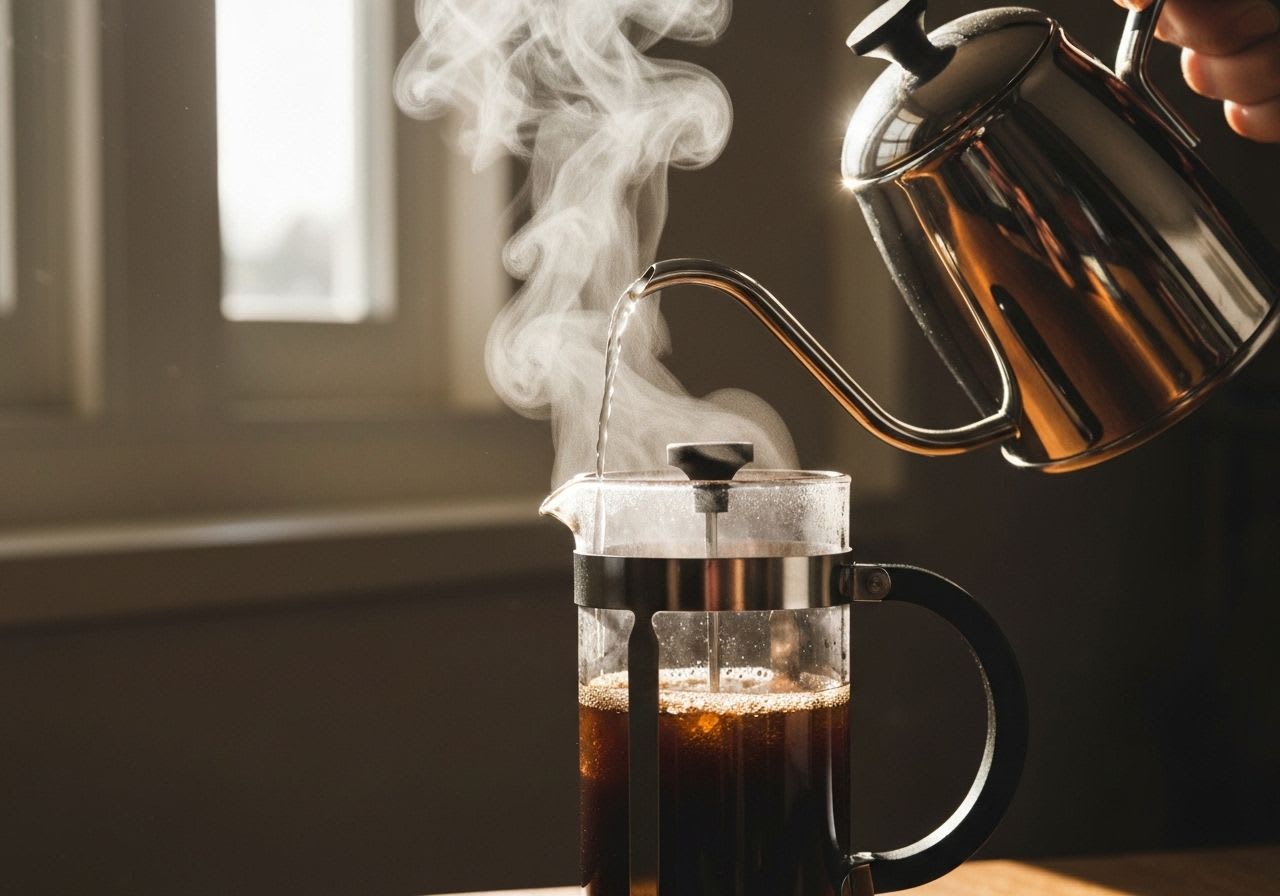 Heißes Wasser wird aus Schwanenhalskessel in French Press gegossen, zeigt langsame Extraktion und hohen Koffeingehalt.