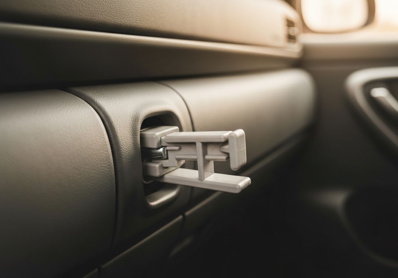 Eine ISOFIX-Einbauhilfe aus Kunststoff an der Verankerung im Fahrzeug, um Einbauprobleme des Kindersitzes zu vermeiden.