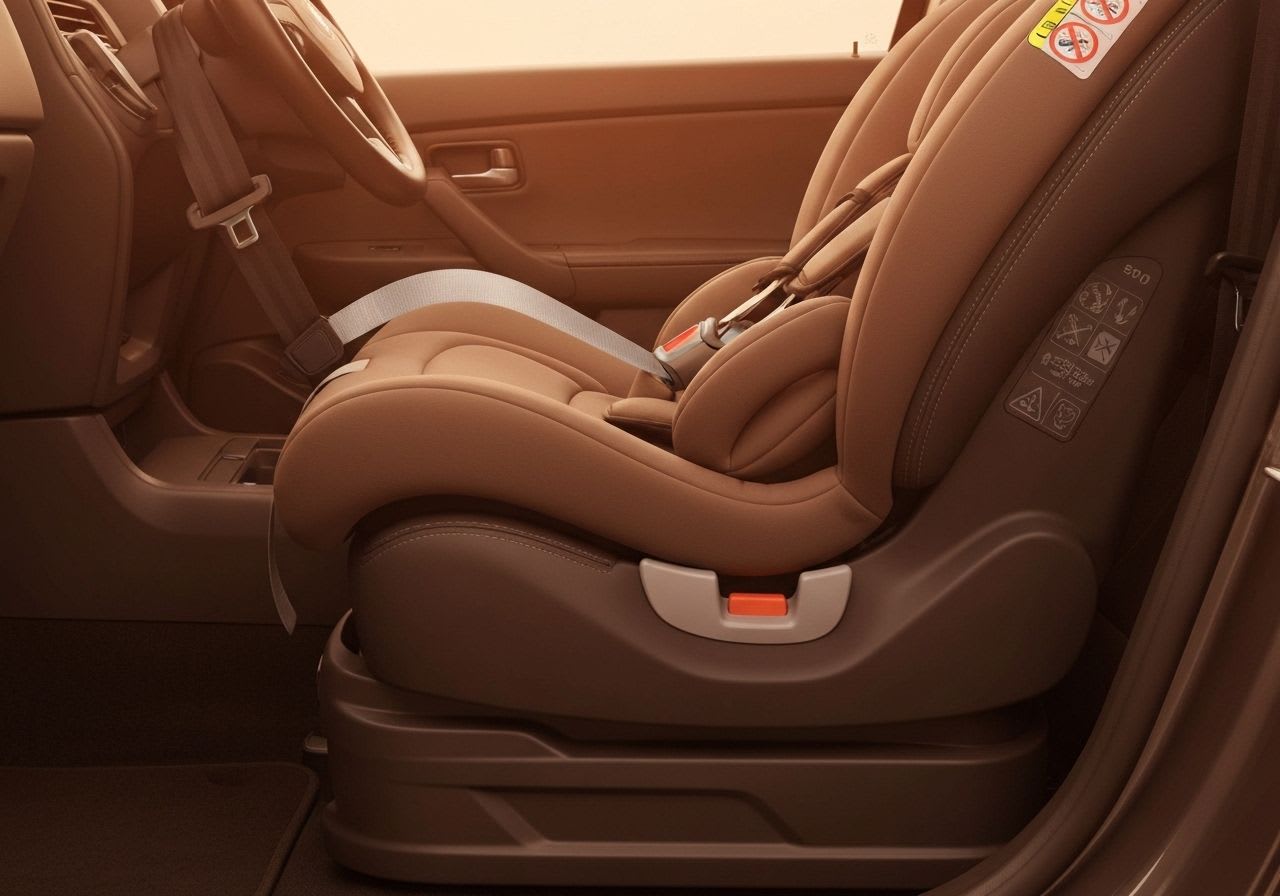 Ein fest installierter ISOFIX Kindersitz mit deutlich sichtbarem grünem Sicherheitsindikator, zur Überprüfung der stabilen Position.