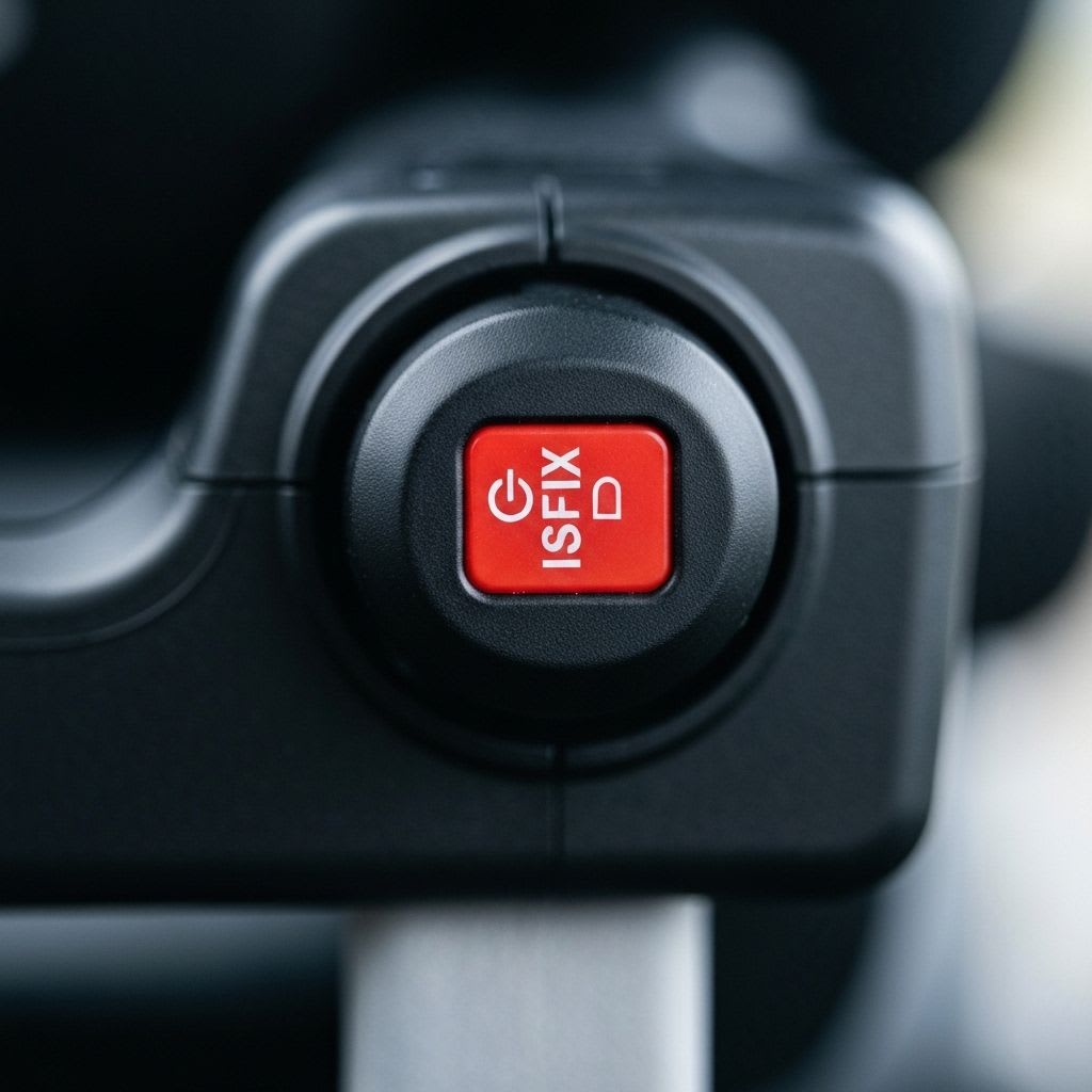 Nahaufnahme eines roten ISOFIX-Indikators am Kindersitz, der eine unvollständige oder fehlerhafte Installation anzeigt.