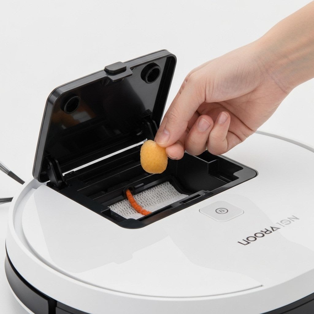 Hand zeigt auf den Stoßfängersensor eines Saugroboters, eine wichtige Stelle zur Behebung von Roomba Navigationsproblemen.