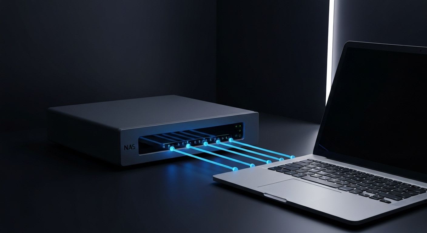 Konzeptbild: Ein NAS-Gerät als sichere Festung, das private KI-Cloud-Daten lokal hostet und vor externem Zugriff schützt, für maximale Datensouveränität.