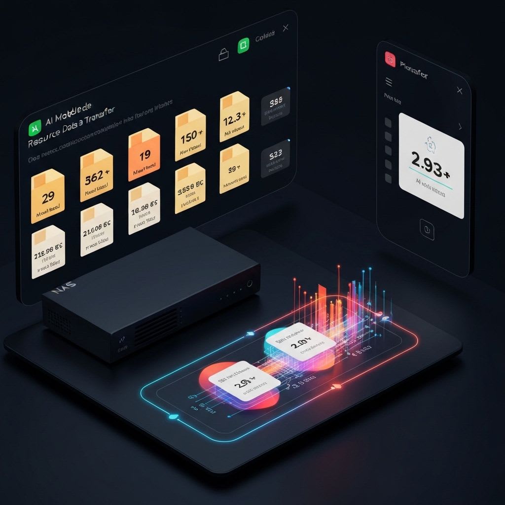 Digitale Darstellung der Ressourcenplanung für KI-Modelle auf einem NAS-Server, verdeutlicht den Zusammenhang zwischen Modellgröße und benötigtem RAM.