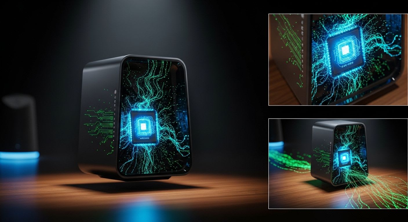 Ein futuristischer Wi-Fi 7 Router als Herzstück eines vernetzten Smart Homes, der MLO-Technologie demonstriert.