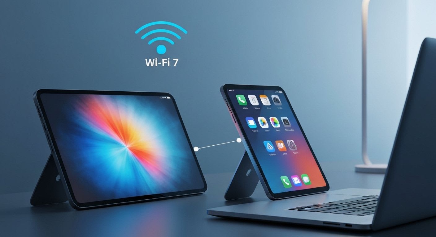 Eine Hand bedient mehrere Geräte, die gleichzeitig über einen Wi-Fi 7 Router verbunden sind, für maximale Effizienz 2026.