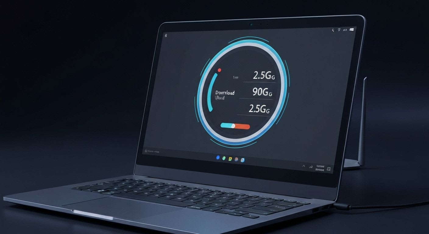 Laptop-Display mit hohen Download- und Upload-Geschwindigkeiten, demonstriert die Vorteile eines Wi-Fi 7 Routers mit 2.5G Internet.
