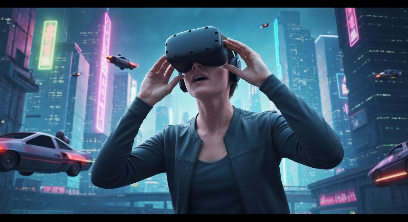 Eine Person mit VR-Headset, die nahtlos in einer virtuellen Umgebung agiert, dank der geringen Latenz des Wi-Fi 7 Routers.