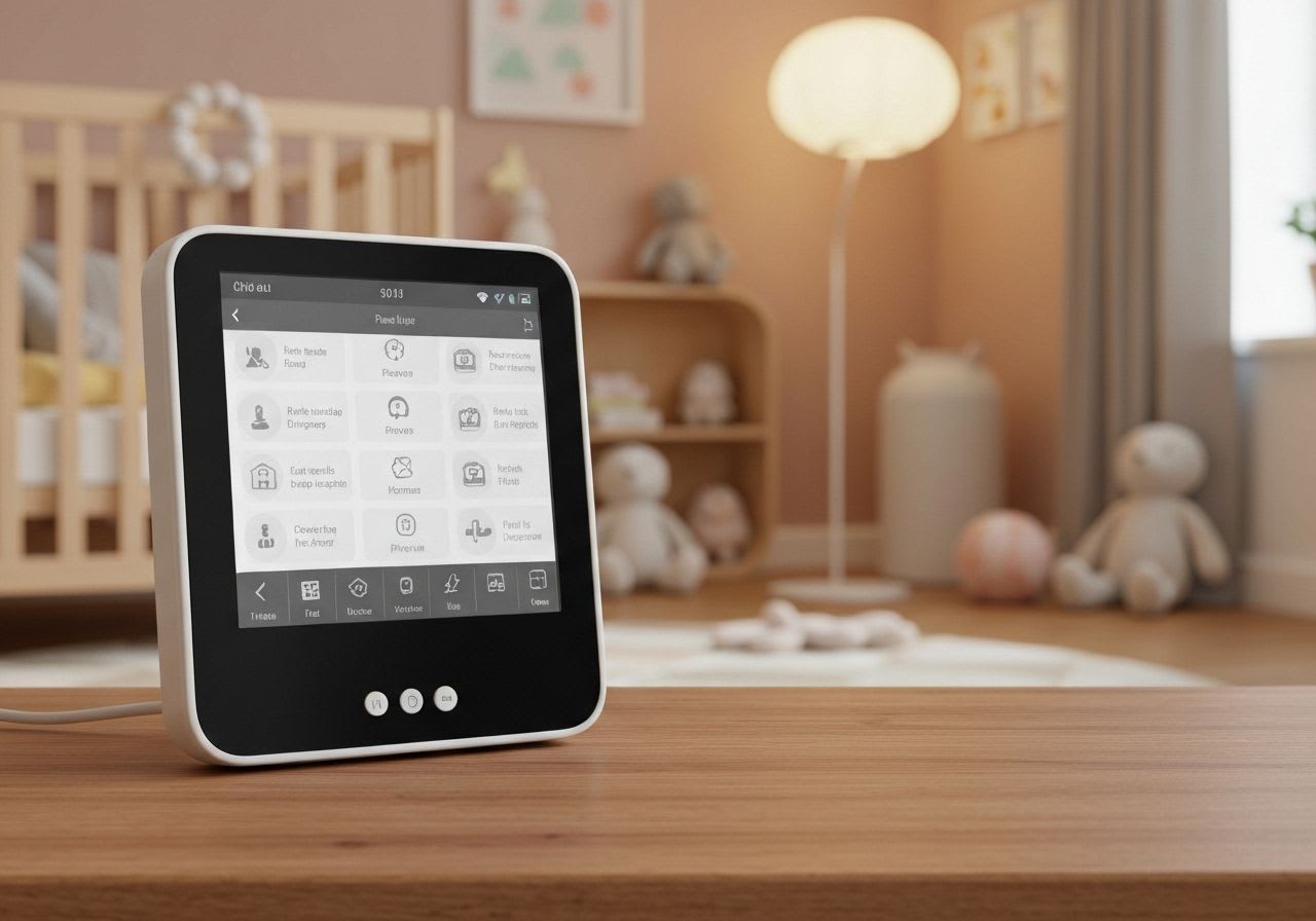 Moderne Babyphone-Elterneinheit mit Geräuschfilter-Anzeige, die zuverlässig Hintergrundgeräusche herausfiltert, um Fehlalarme zu vermeiden.
