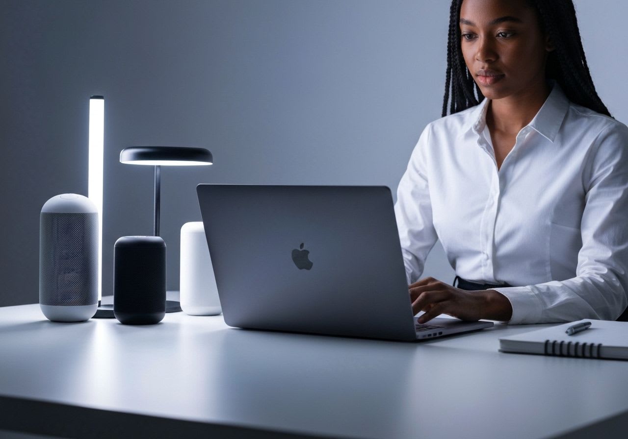Person arbeitet an einem Laptop mit minimalistischem Setup, umgeben von Smart-Home-Geräten, als Technik-Trends 2024/2025.