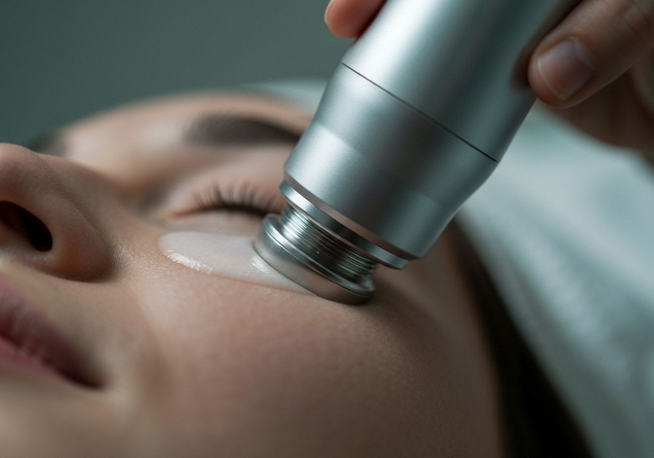 Detailaufnahme der Anwendung eines RF-Microneedling-Geräts auf Gesichtshaut in einer Klinik, zur Hautstraffung und -verjüngung.