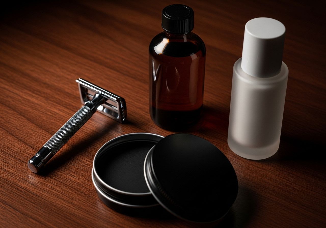 Überblick über Herrengrooming-Produkte: Bartöl, Rasierhobel und Feuchtigkeitspflege auf dunklem Holz, zur Definition moderner Männerpflege.