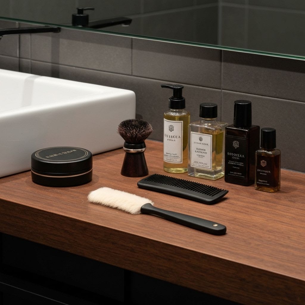 Sammlung von Grooming-Tools und Pflegeprodukten für Bart und Haut, die die Breite der Herrengrooming Definition zeigen.
