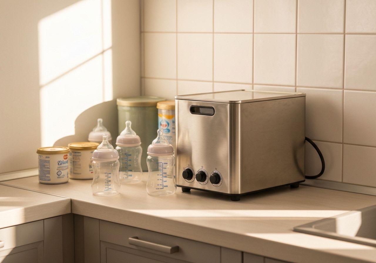 Saubere Fläschchen, Sterilisationsgeräte und Formula-Milchbehälter auf hygienischer Küchenarbeitsplatte, wichtig für die Babyernährung.