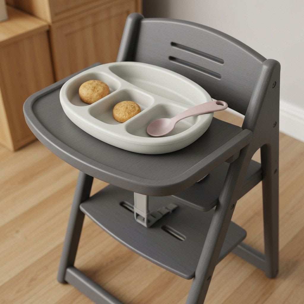 Ergonomischer Löffel, Silikon-Trinkbecher und gedämpftes Obst auf Hochstuhl-Tablett, fördert die Selbstständigkeit bei der Babyernährung.