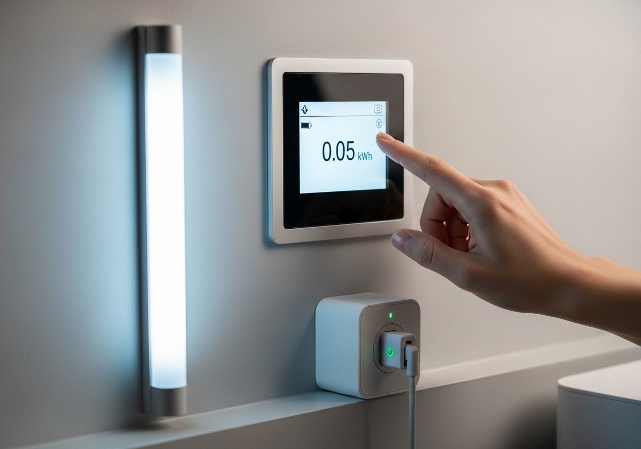 Intelligenter Energiemesser zeigt reduzierten Stromverbrauch an, symbolisiert effizientes Stromverbrauch senken im Haushalt.