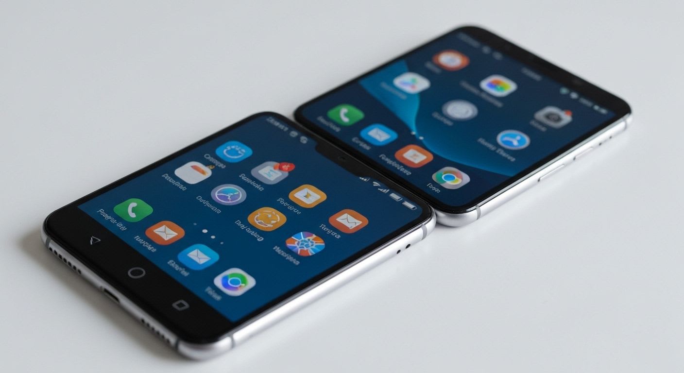 Zwei Smartphones nebeneinander, eines mit Android- und eines mit iOS-Oberfläche, verdeutlichen den Vergleich der Betriebssysteme für Smartphones.