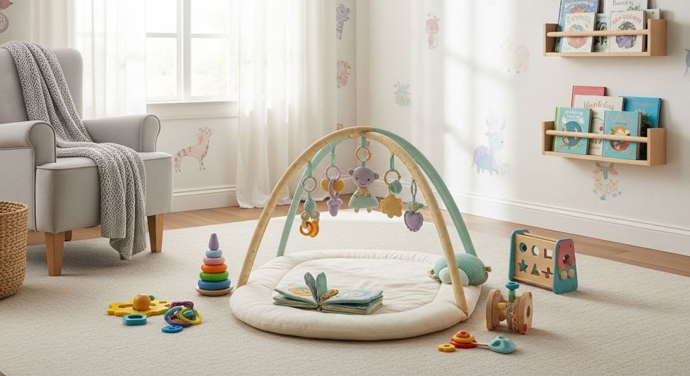 Ein helles Kinderzimmer mit Spielmatte und altersgerechten Spielzeugen, das die dynamische Babyentwicklung und deren Meilensteine darstellt.