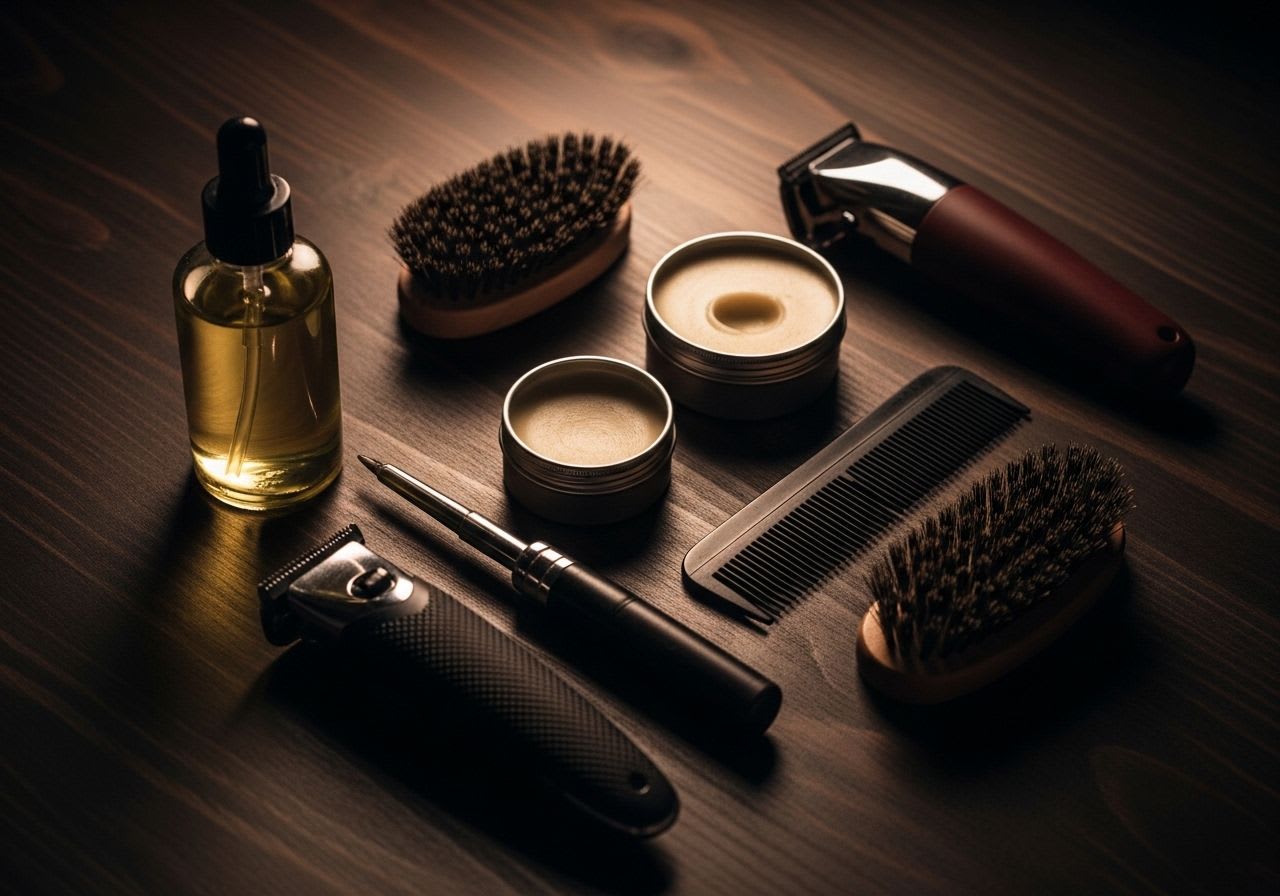 Überblick über essentielle Bartpflege Tipps Produkte: Bartöl, Balsam, Bürste und Trimmer auf dunklem Holz, ideal für die tägliche Routine.