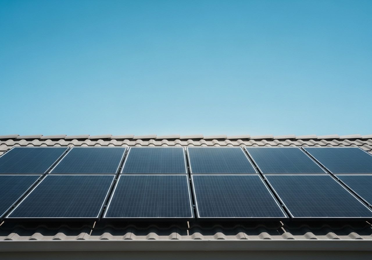 Moderne Photovoltaik-Module auf einem Hausdach bei blauem Himmel, die Sonnenlicht einfangen und die Definition von Solarstrom illustrieren.