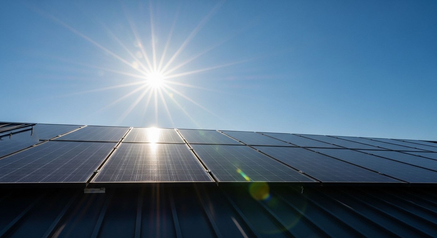 Dynamische Ansicht von Photovoltaik-Modulen auf einem Hausdach, die Sonnenlicht einfangen und die Definition von Solarstrom ausnutzen.
