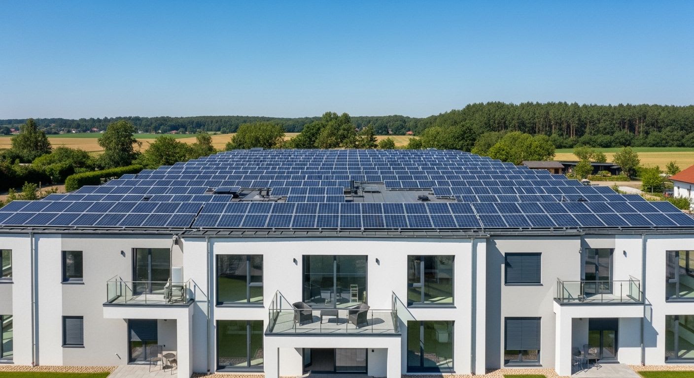 Panoramaansicht eines Wohngebäudes mit vollständig installiertem Photovoltaik-System auf dem Dach, das die Definition von Solarstrom zeigt.