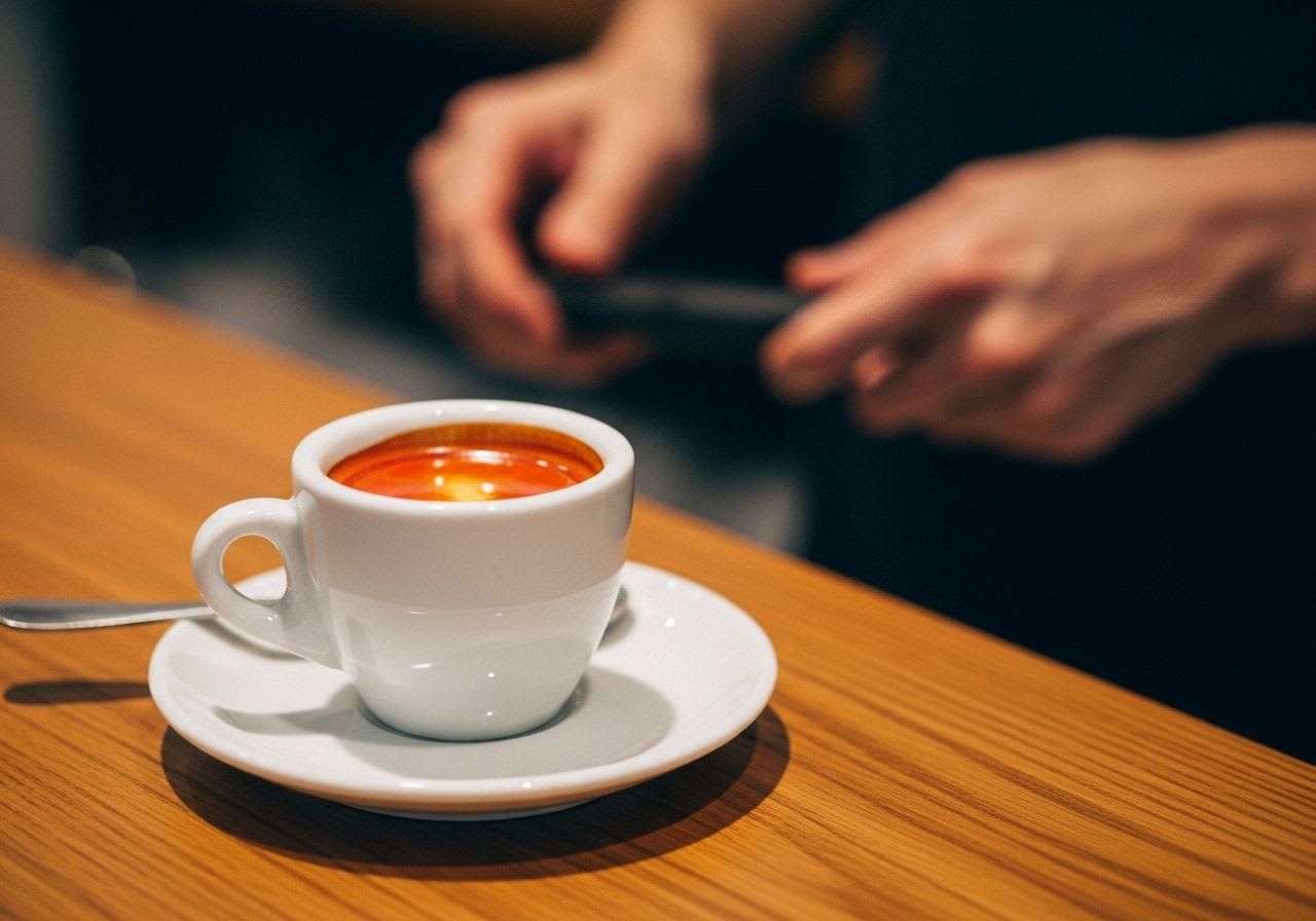 Die Espresso Definition: Ein perfekt gebrühter Espresso-Shot mit dichter Crema in einer Tasse auf einer Holztheke.