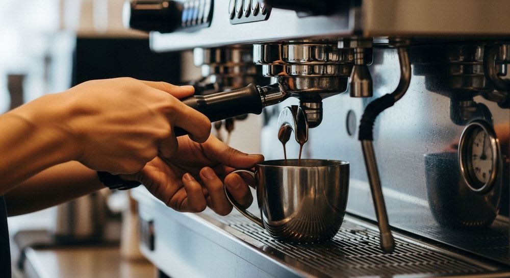 Die Espresso Definition: Barista zieht einen perfekten Espresso-Shot aus einer professionellen Siebträgermaschine, mit goldbrauner Crema.