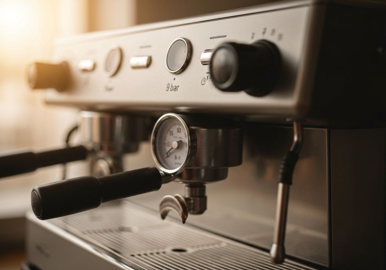 Detaillierte Ansicht des Manometers einer Espressomaschine, das präzise 9 Bar Druck für den perfekten Espresso anzeigt.
