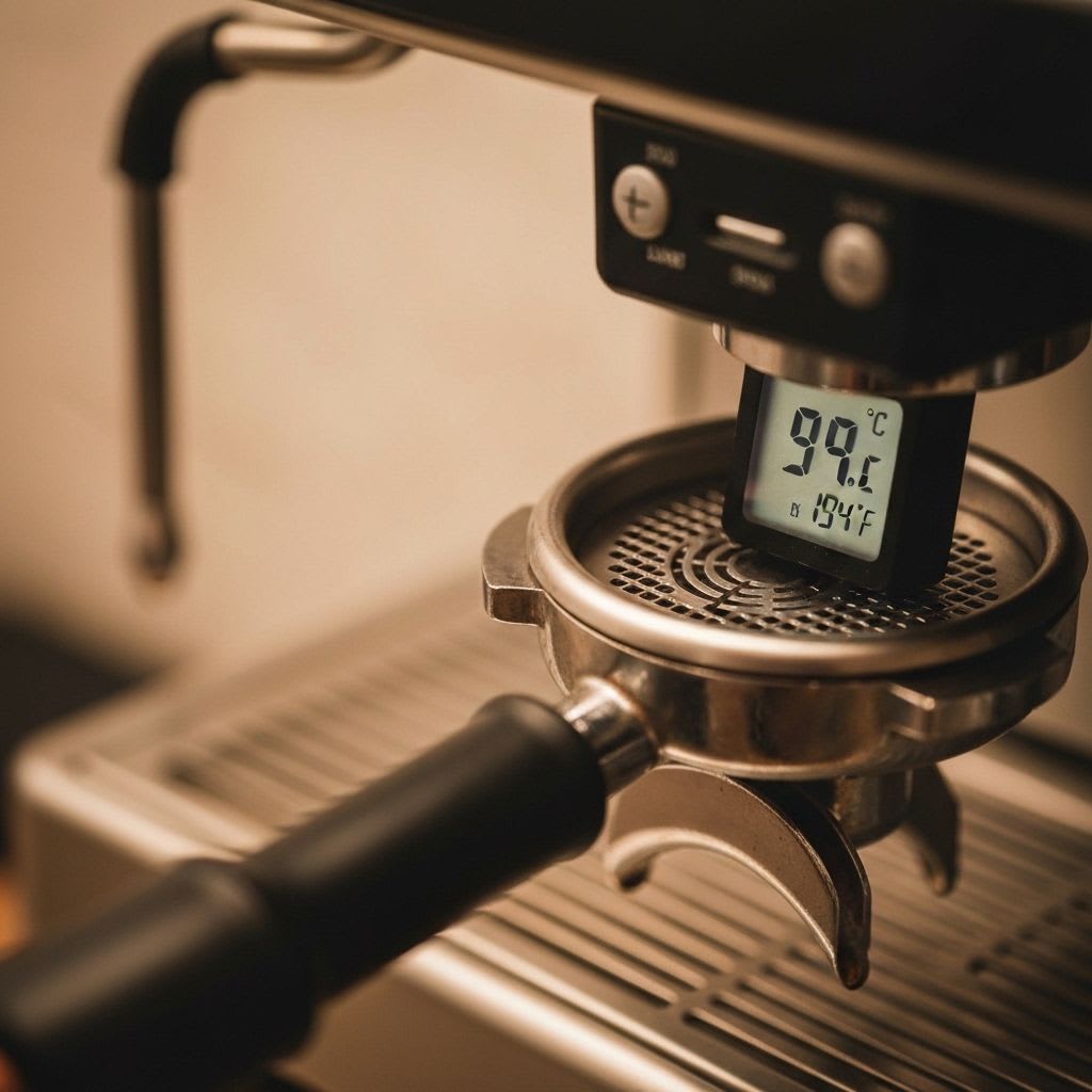 Die optimale Wassertemperatur für Espresso: Digitales Thermometer zeigt 92 Grad Celsius neben einem Siebträger.