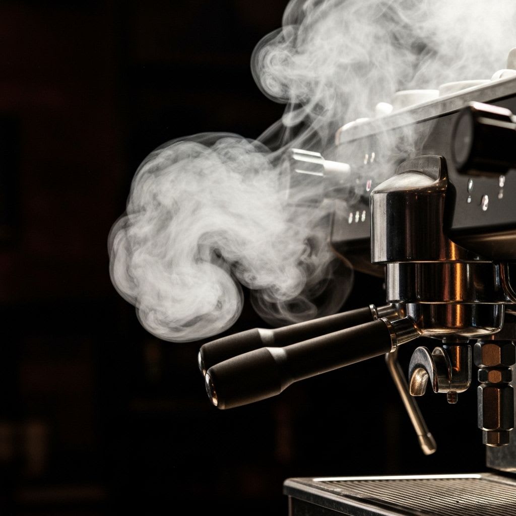 Dampf steigt aus dem Brühkopf einer Espressomaschine, ein Zeichen für die ideale Wassertemperatur für den perfekten Shot.