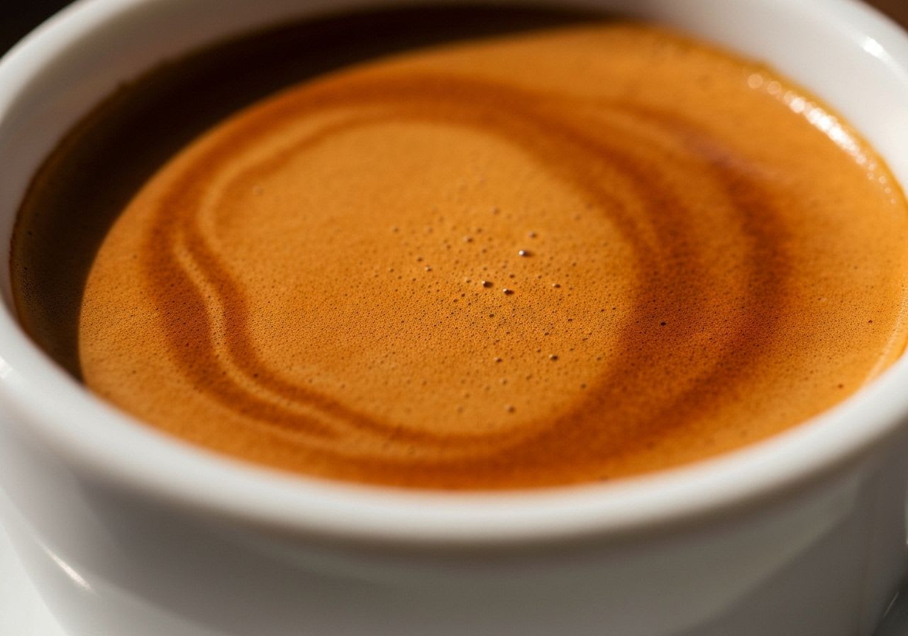 Die optische Definition eines guten Espressos: Eine dichte, rotbraune Crema mit feinen Poren und 'Tigerstreifen' in einer Tasse.