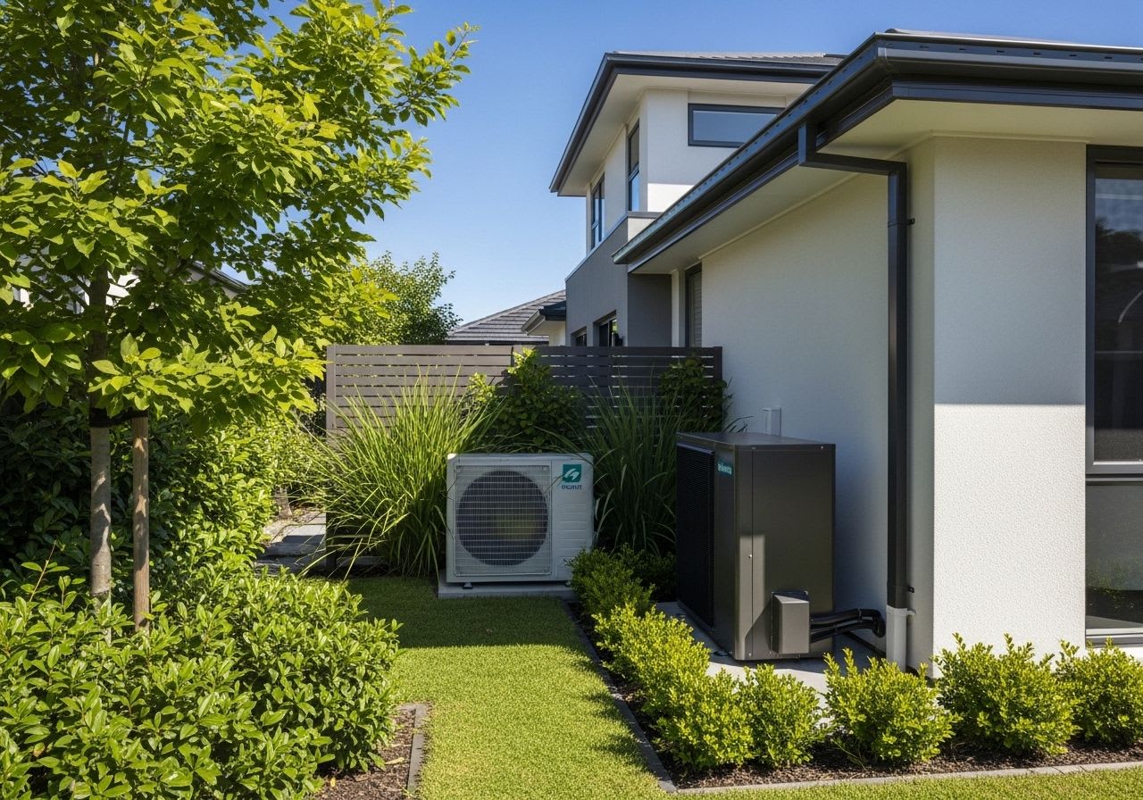 Eine moderne Wärmepumpe, die als effizientes Heizsystem Umweltwärme nutzt und die CO2-Emissionen sowie Heizkosten senkt.