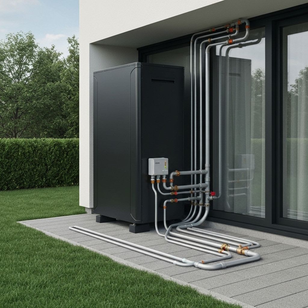 Luft-Wasser-Wärmepumpe im Außenbereich eines Hauses zur Nutzung der Umgebungsluft als primäre Wärmequelle für das Heizsystem.