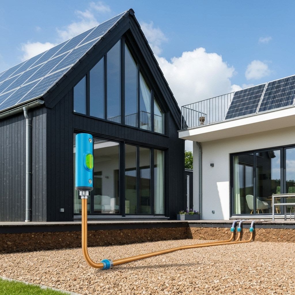 Darstellung einer Erd-Wärmepumpe mit Erdsonden zur effizienten Gewinnung von Erdwärme für Heizung und Warmwasserbereitung.