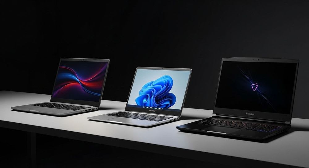 Drei verschiedene Laptops – Business, Ultrabook, Gaming – auf einem Schreibtisch, die die Definition und Entwicklung von Laptops umfassend darstellen.