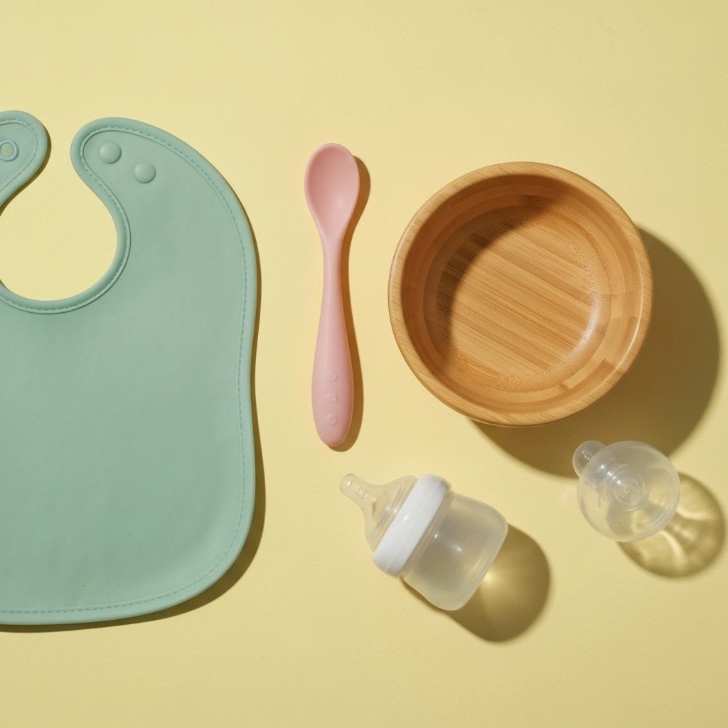 Flatlay-Arrangement von essentiellem Essgeschirr für die Erstausstattung, einschließlich Silikonteller und Löffel, präsentiert auf Holz.