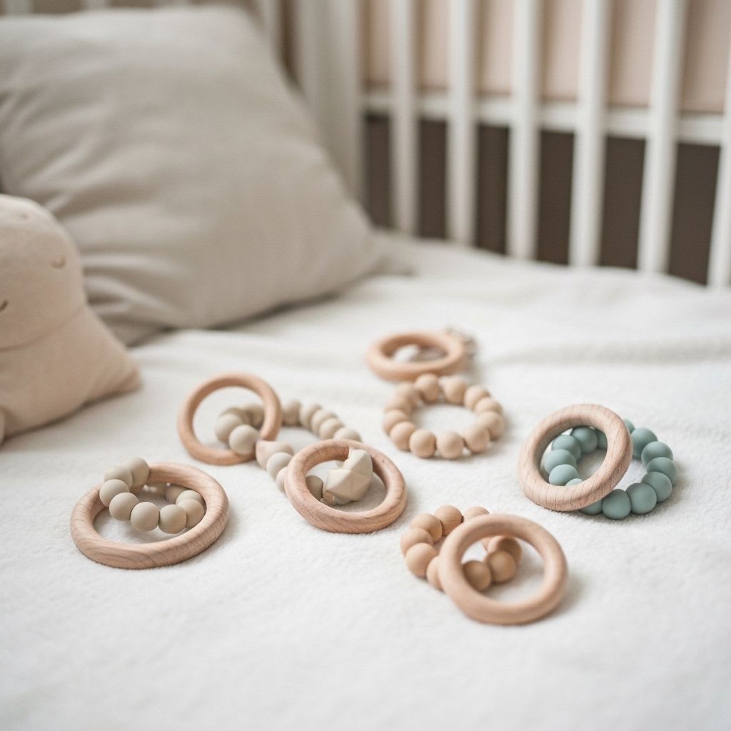 Eine Sammlung von Naturholz- und Silikon-Greiflingen und Rasseln, kunstvoll auf Leinenstoff arrangiert, wichtig für die Babyprodukte.