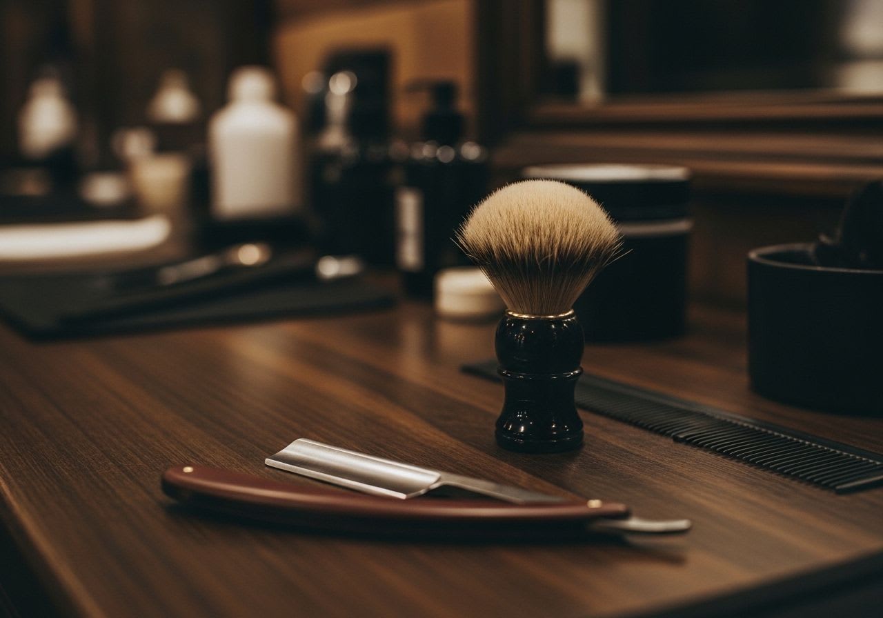 Klassische Werkzeuge eines Herrenfriseurs: Rasiermesser, Rasierpinsel und Kamm auf dunklem Holz, die das Handwerk des Herrenfriseurs für Männer betonen.