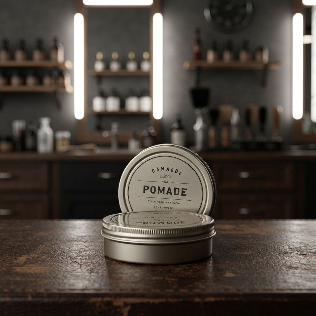 Hochwertiges Bartpflegeprodukt, eine Pomaden-Dose, auf dunklem Leder, das die qualitativen Produkte eines modernen Herrenfriseurs zeigt.