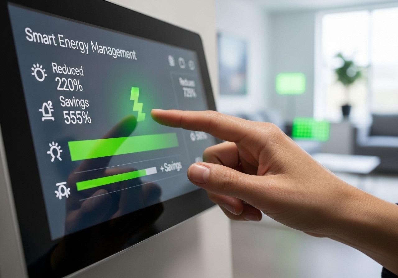 Effizientes Energiesparen: Eine Hand bedient ein Smart-Home-Display, das den reduzierten Energieverbrauch anzeigt.