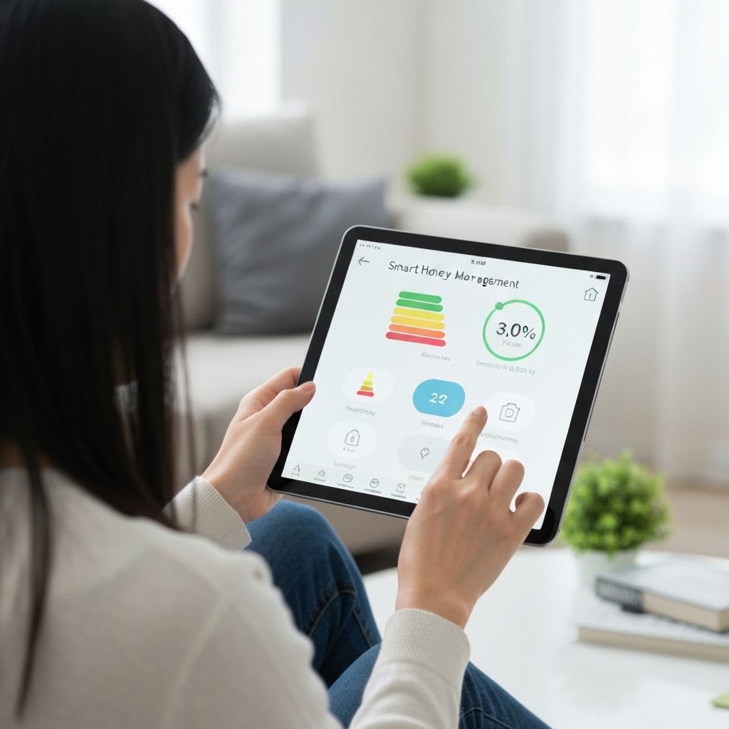 Smart-Home-App zur Energieoptimierung: Eine Person steuert per Tablet die Heizung für effektives Energiesparen.