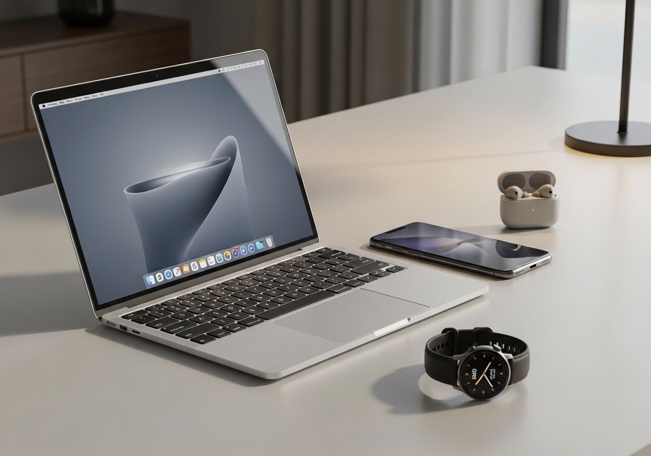 Vielfältige Consumer Electronics wie Laptop, Smartphone und Smartwatch auf einem modernen Schreibtisch, zur Definition & Beispiele.