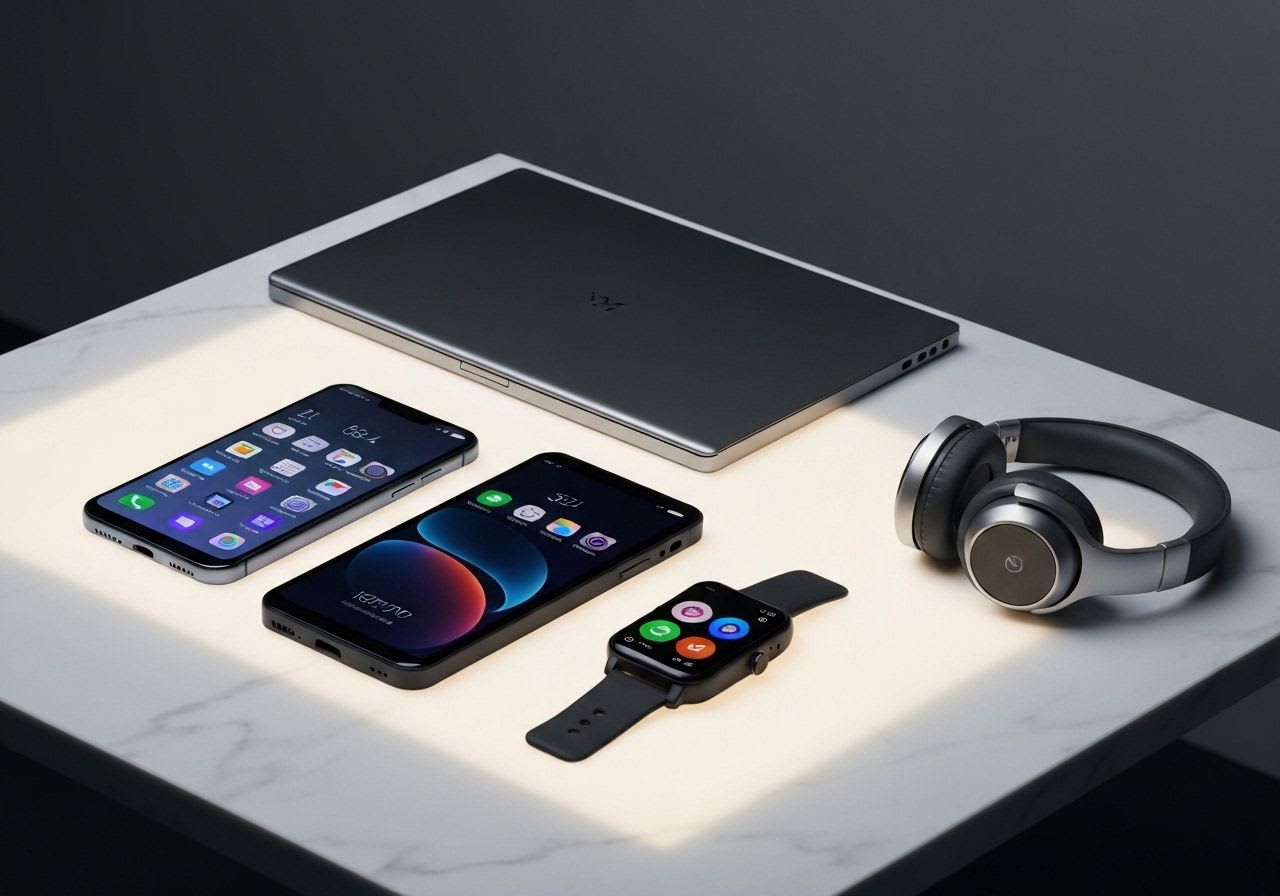 Vielfältige Consumer Electronics Sammlung mit Smartphone, Laptop, Smartwatch und Kopfhörern, die die Definition & Beispiele verdeutlicht.