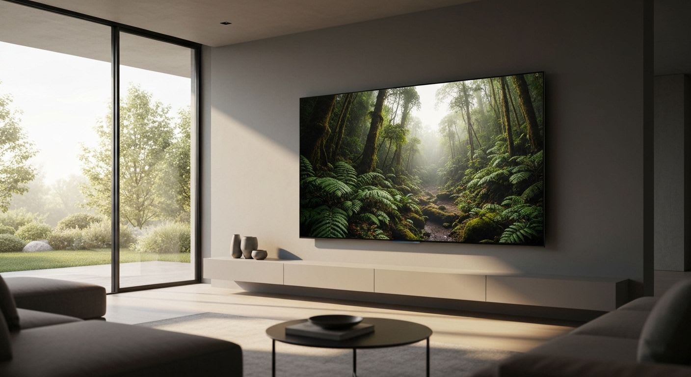Hochauflösender 4K Smart TV zeigt Naturdokumentation auf einer minimalistischen Wand, typisch für Consumer Electronics.